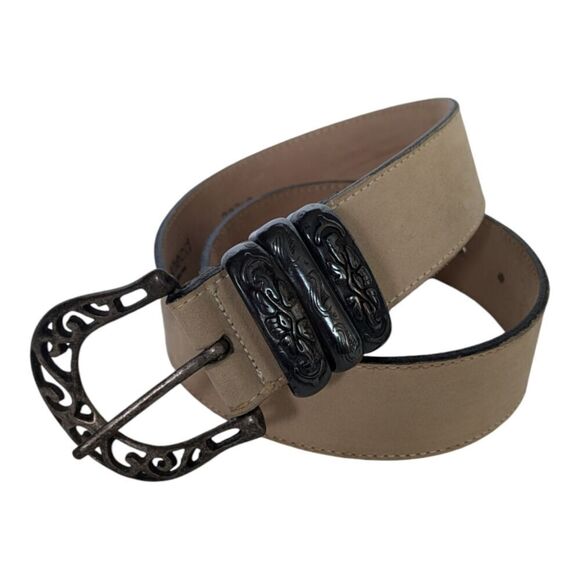 Streets Ahead Handmade Cream Suede Leather Boho Cutout Filigree Buckle Belt, S - Picture 1 of 9
